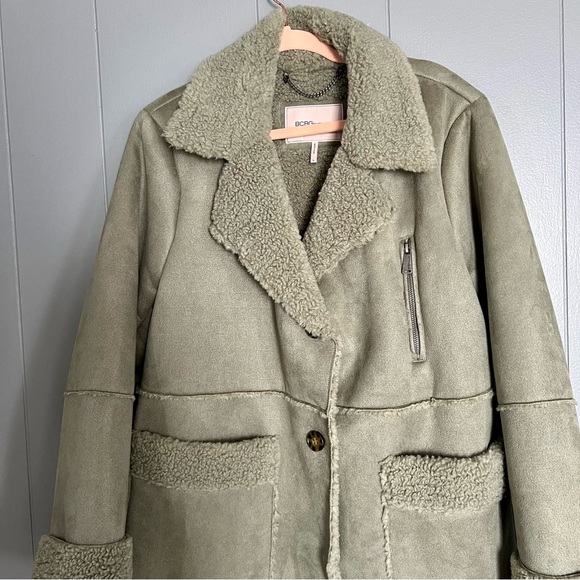 NWT BCBG Faux Suede shearling Teddy Pea Coat AMAZING ON mint green XL Sherpa - Picture 6 of 11